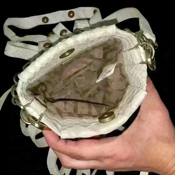 Furla Boho Chic White Leather Snakeskin Fringed Studded Crossbody Purse GlamRock - Picture 9 of 16